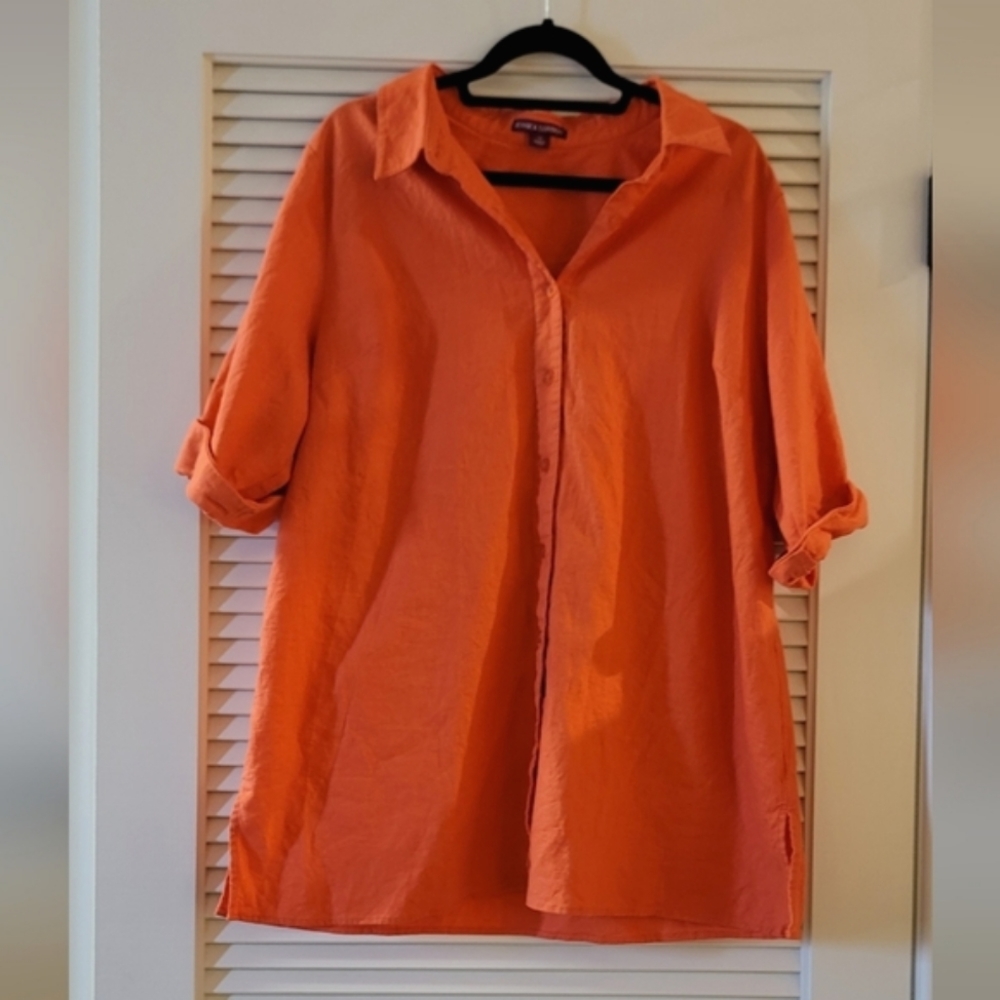 Jessica London - (Plus-Size) Orange Button Down Shirt With Cuffed-Sleeves